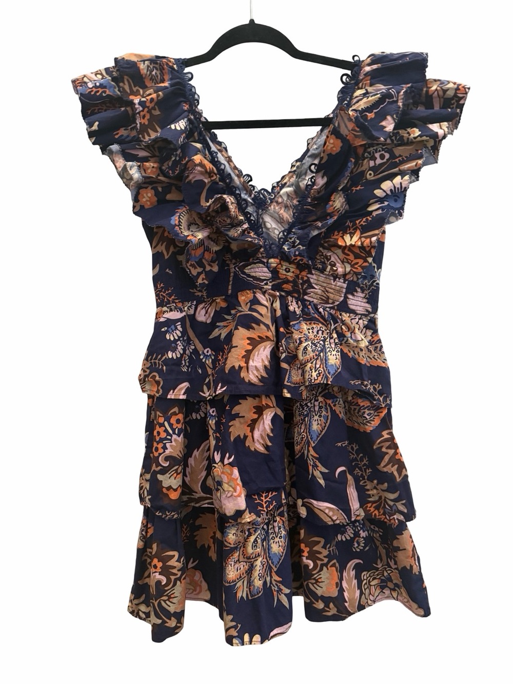 Anthropologie Sleeveless Ruffle A-Line Mini Dress XS Tiered Navy Floral